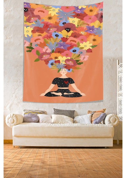 Renkli Çiçekler Ile Yoga Yapan Kız Leke Tutmaz Kumaş Duvar Örtüsü Duvar Halısı Tapestry