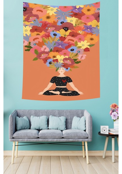 Renkli Çiçekler Ile Yoga Yapan Kız Leke Tutmaz Kumaş Duvar Örtüsü Duvar Halısı Tapestry fiyatları