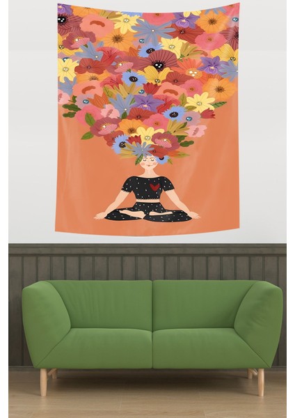 Renkli Çiçekler Ile Yoga Yapan Kız Leke Tutmaz Kumaş Duvar Örtüsü Duvar Halısı Tapestry modelleri