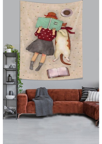 Kitap Okuyan Kız Ve Kedi Leke Tutmaz Kumaş Duvar Örtüsü Duvar Halısı Tapestry