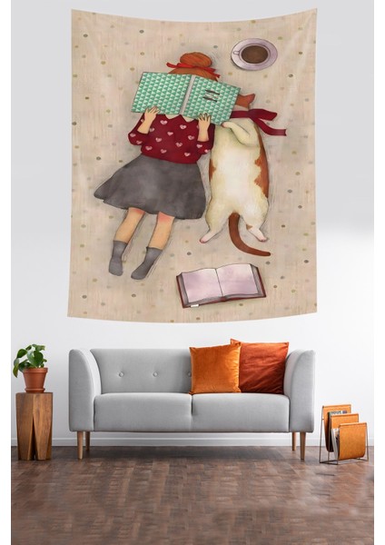 Kitap Okuyan Kız Ve Kedi Leke Tutmaz Kumaş Duvar Örtüsü Duvar Halısı Tapestry fiyatları