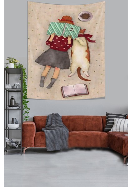 Kitap Okuyan Kız Ve Kedi Leke Tutmaz Kumaş Duvar Örtüsü Duvar Halısı Tapestry modelleri