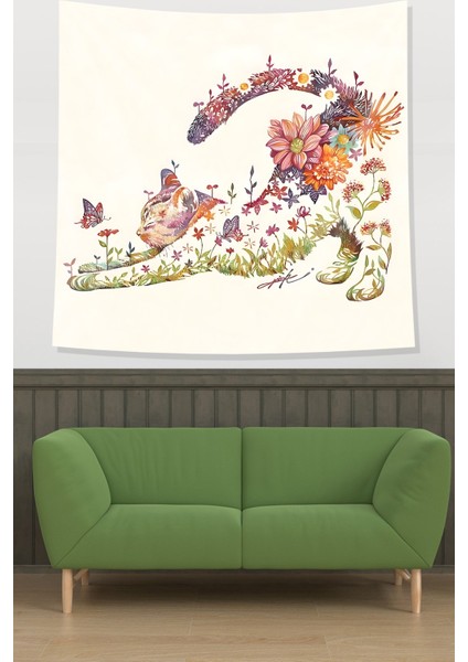 Floral Desen Kedi Leke Tutmaz Kumaş Duvar Örtüsü Duvar Halısı Tapestry