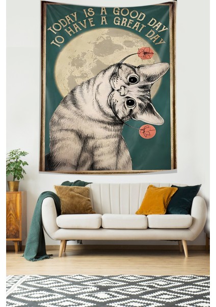Güzel Bir Gün Kedi Temalı Leke Tutmaz Kumaş Duvar Örtüsü Duvar Halısı Tapestry
