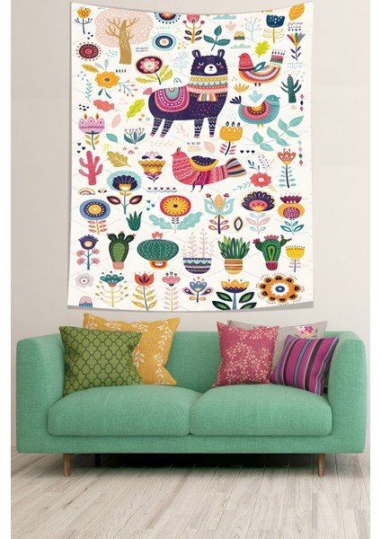 Hayvan Ve Çiçek Figürlü leke Tutmaz Kumaş Duvar Örtüsü Duvar Halısı Tapestry