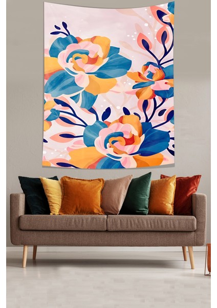 Romantik Gül Modern Renkli Çiçekler Leke Tutmaz Kumaş Duvar Örtüsü Duvar Halısı Tapestry