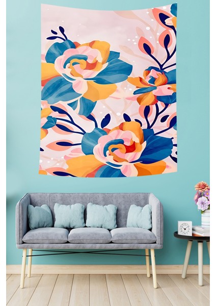 Romantik Gül Modern Renkli Çiçekler Leke Tutmaz Kumaş Duvar Örtüsü Duvar Halısı Tapestry