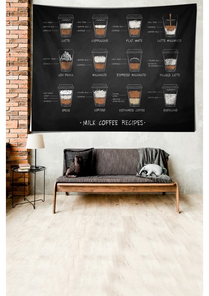 Kahve Menü Coffee Menu Desen Leke Tutmaz Kadife Dokulu Kumaş Duvar Örtüsü Duvar Halısı Tapestry