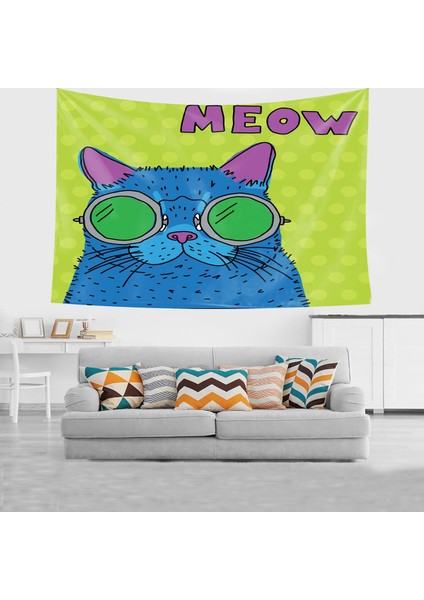 Kedi Desenli Sevimli Gözlüklü Kedi Leke Tutmaz Kadife Doku Kumaş Duvar Örtüsü Duvar Halısı Tapestry