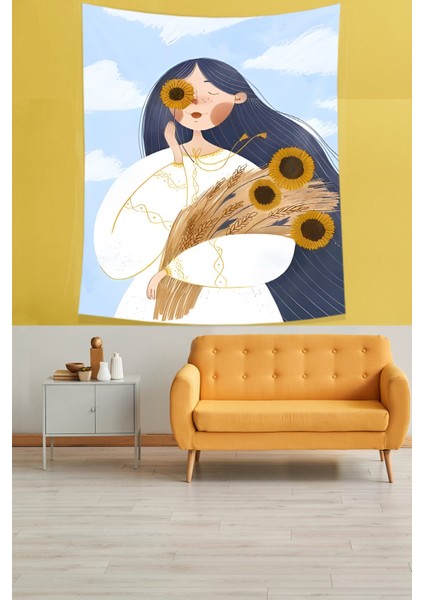 Ayçiçeği Ve Başak Buketi Tutan Huzurlu Kız Leke Tutmaz Kumaş Duvar Örtüsü Duvar Halısı Tapestry fiyatları