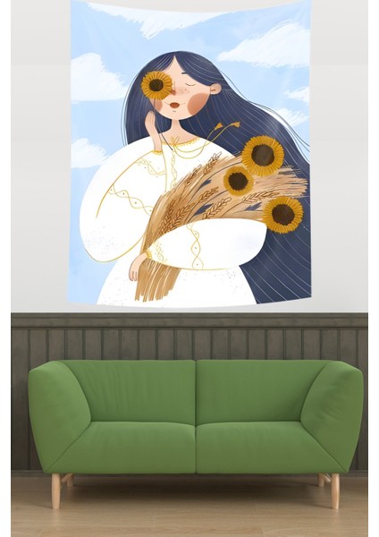 Ayçiçeği Ve Başak Buketi Tutan Huzurlu Kız Leke Tutmaz Kumaş Duvar Örtüsü Duvar Halısı Tapestry modelleri