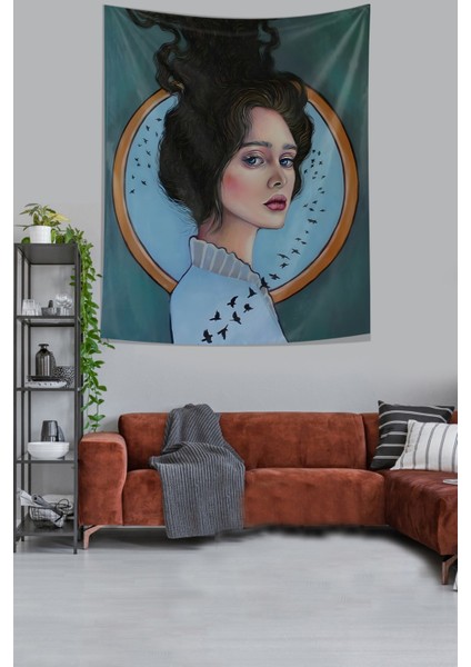 Kadın Ve Kuşlar Tasarımlı Leke Tutmaz Kumaş Duvar Örtüsü Duvar Halısı Tapestry