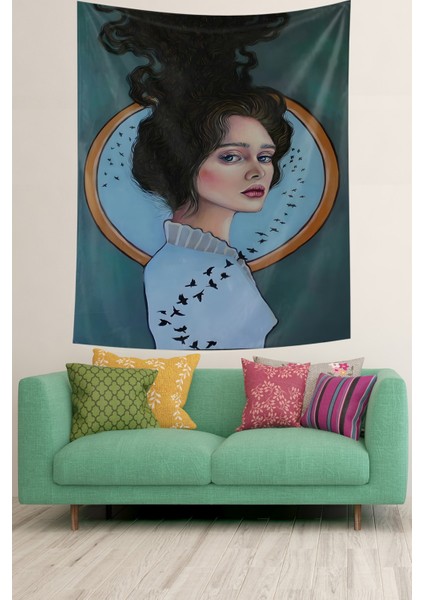 Kadın Ve Kuşlar Tasarımlı Leke Tutmaz Kumaş Duvar Örtüsü Duvar Halısı Tapestry fiyatları