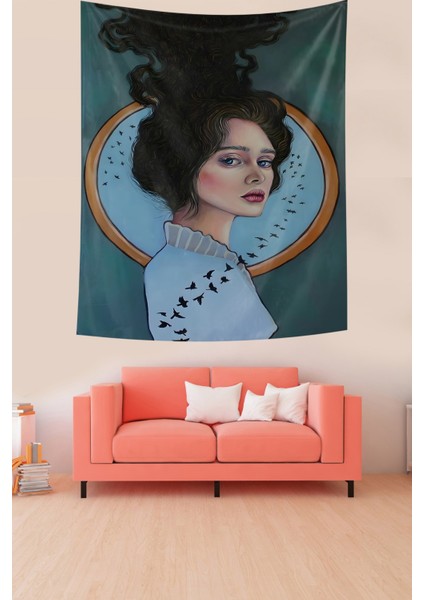 Kadın Ve Kuşlar Tasarımlı Leke Tutmaz Kumaş Duvar Örtüsü Duvar Halısı Tapestry modelleri