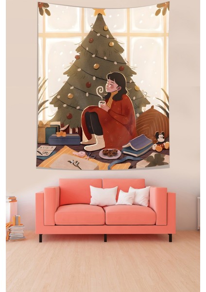 Çam Ağacı Yılbaşında Kahve Içen Mutlu Kız Leke Tutmaz Kumaş Duvar Örtüsü Duvar Halısı Tapestry