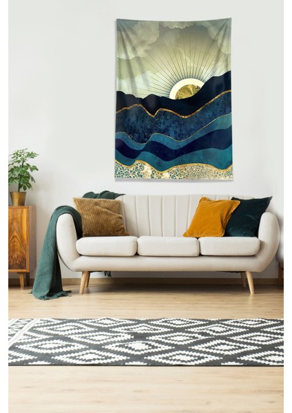 Gold-Mavi Güneşin Doğuşu Sunset Leke Tutmaz Kadife Kumaş Duvar Örtüsü Duvar Halısı Tapestry