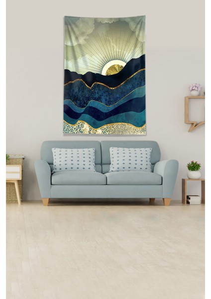 Gold-Mavi Güneşin Doğuşu Sunset Leke Tutmaz Kadife Kumaş Duvar Örtüsü Duvar Halısı Tapestry fiyatları
