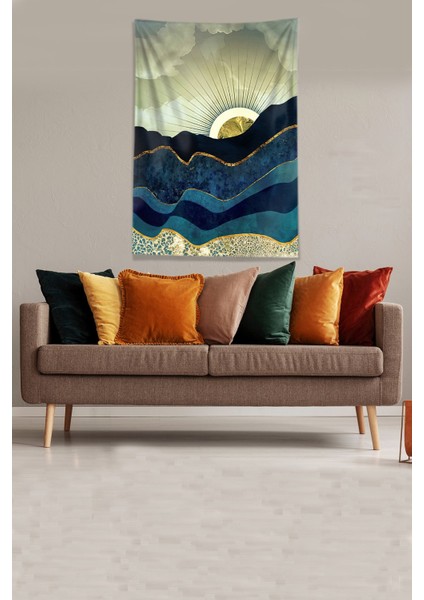 Gold-Mavi Güneşin Doğuşu Sunset Leke Tutmaz Kadife Kumaş Duvar Örtüsü Duvar Halısı Tapestry modelleri