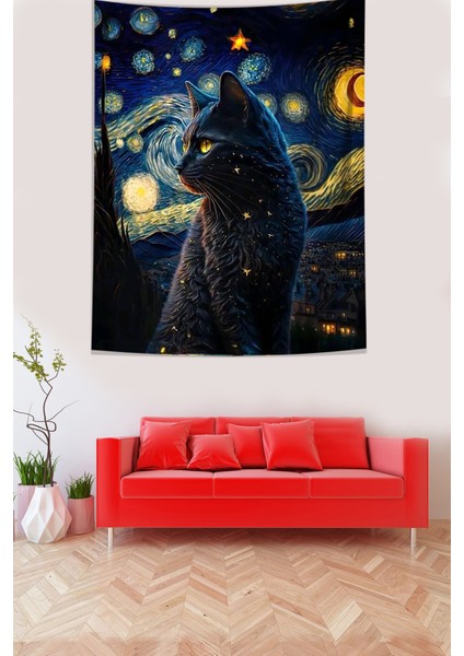 Yıldızlı Geceler ve Sevimli Kedi Leke Tutmaz Kumaş Duvar Örtüsü Duvar Halısı Tapestry