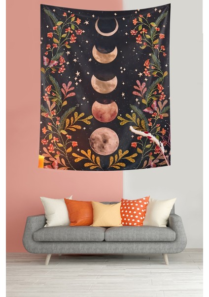Ayın Evreleri Yıldızlar ve Çiçekler Leke Tutmaz Kumaş Duvar Örtüsü Duvar Halısı Tapestry