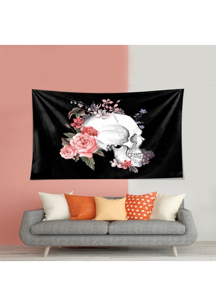 Çiçekli Kafatası Kuru Kafa Desen Leke Tutmaz Kadife Dokulu Kumaş Duvar Örtüsü Duvar Halısı Tapestry