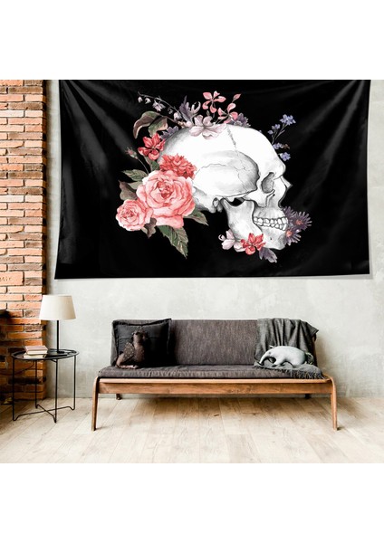 Çiçekli Kafatası Kuru Kafa Desen Leke Tutmaz Kadife Dokulu Kumaş Duvar Örtüsü Duvar Halısı Tapestry fiyatları