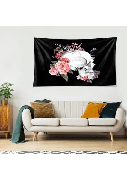 Çiçekli Kafatası Kuru Kafa Desen Leke Tutmaz Kadife Dokulu Kumaş Duvar Örtüsü Duvar Halısı Tapestry modelleri