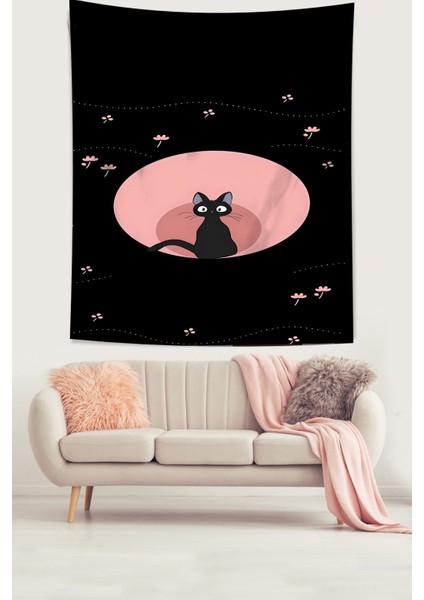Siyah Sevimli Kedi Leke Tutmaz Kumaş Duvar Örtüsü Duvar Halısı Tapestry fiyatları