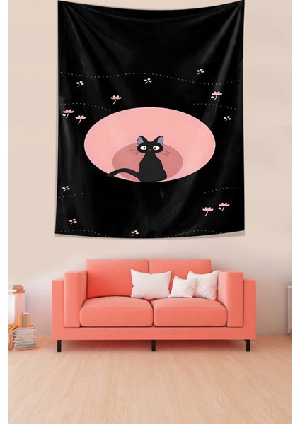 Siyah Sevimli Kedi Leke Tutmaz Kumaş Duvar Örtüsü Duvar Halısı Tapestry modelleri
