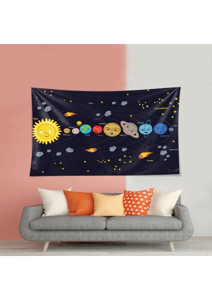 Gezegenler Uzay Meteor Deseni Leke Tutmaz Kadife Dokulu Kumaş Duvar Örtüsü Duvar Halısı Tapestry