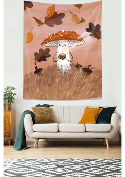 Kahve Içen Mantar Sonbahar Yaprakları Leke Tutmaz Kumaş Duvar Örtüsü Duvar Halısı Tapestry