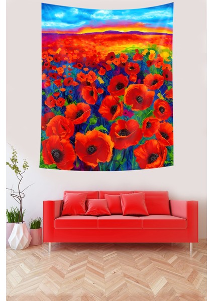 Gün Batımı ve Gelincik Tarlası Leke Tutmaz Kumaş Duvar Örtüsü Duvar Halısı Tapestry