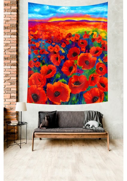 Gün Batımı ve Gelincik Tarlası Leke Tutmaz Kumaş Duvar Örtüsü Duvar Halısı Tapestry fiyatları