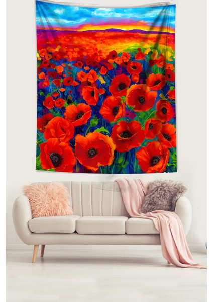 Gün Batımı ve Gelincik Tarlası Leke Tutmaz Kumaş Duvar Örtüsü Duvar Halısı Tapestry modelleri