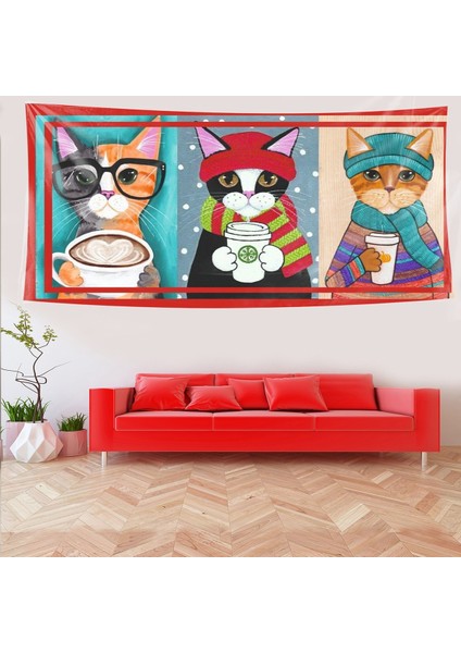Kahve Içen Kediler Kedi Desen Leke Tutmaz Kadife Dokulu Kumaş Duvar Örtüsü Duvar Halısı Tapestry