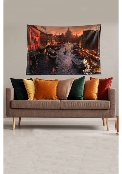 Çok Renkli Gondol Desenli Leke Tutmaz Kadife Kumaş Duvar Örtüsü Duvar Halısı Tapestry