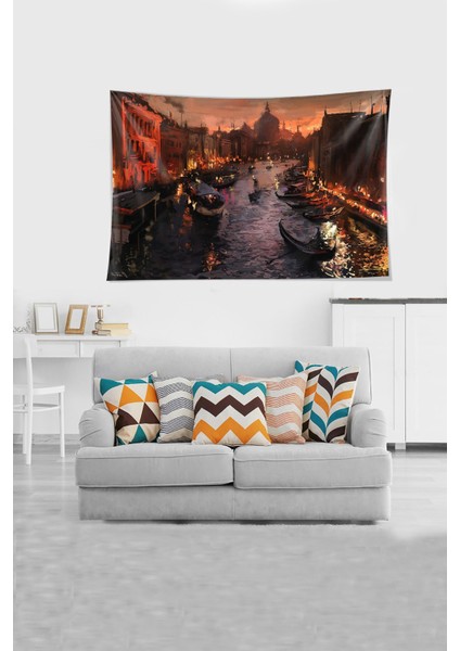 Çok Renkli Gondol Desenli Leke Tutmaz Kadife Kumaş Duvar Örtüsü Duvar Halısı Tapestry fiyatları