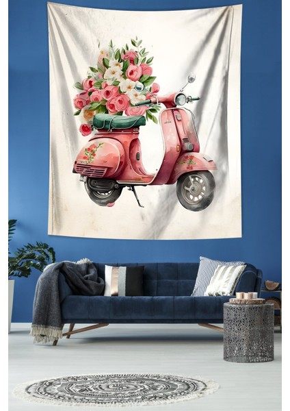 Pembe Vespa Ve Güller Leke Tutmaz Kumaş Duvar Örtüsü Duvar Halısı Tapestry