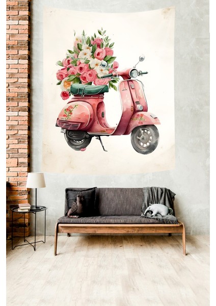 Pembe Vespa Ve Güller Leke Tutmaz Kumaş Duvar Örtüsü Duvar Halısı Tapestry modelleri