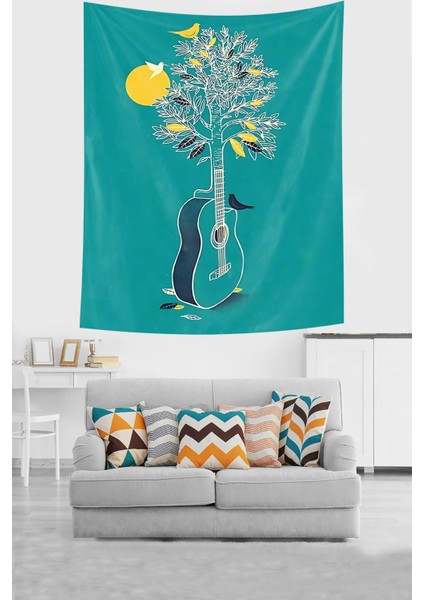 Gitar Ve Doğa Temalı Leke Tutmaz Kumaş Duvar Örtüsü Duvar Halısı Tapestry
