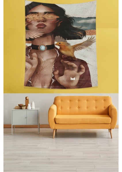 Kadın Ile Kuş Leke Tutmaz Kumaş Duvar Örtüsü Duvar Halısı Tapestry