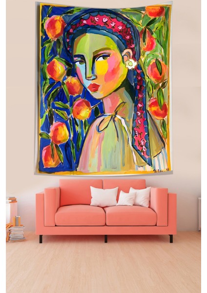 Çiçekli Kız Leke Tutmaz Kumaş Duvar Örtüsü Duvar Halısı Tapestry