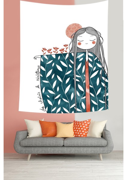 Huzura Ermiş Çiçekli Kız Leke Tutmaz Kumaş Duvar Örtüsü Duvar Halısı Tapestry