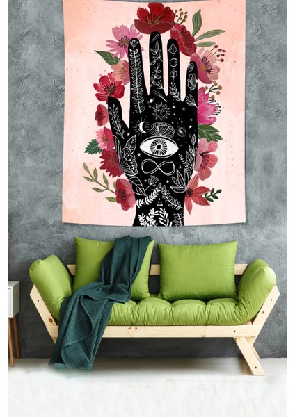 El Dövme Hint Kınası Çiçek Desen Leke Tutmaz Kadife Dokulu Kumaş Duvar Örtüsü Duvar Halısı Tapestry