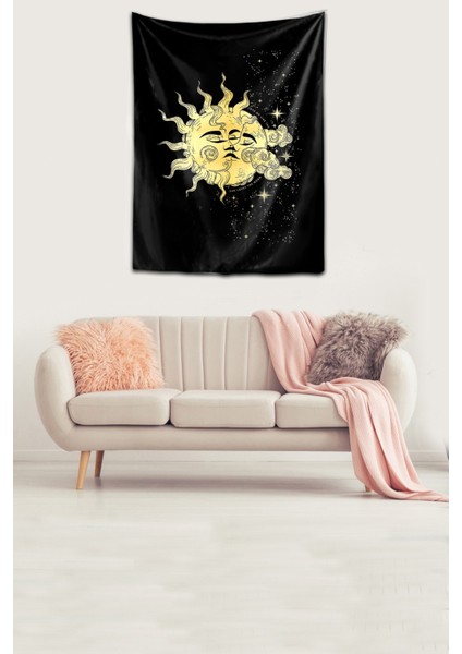 Yıkanabilir Leke Tutmaz Mikropetek Kumaş Güneş Ve Ay Siyah Duvar Örtüsü Duvar Halısı Tapestry fiyatları