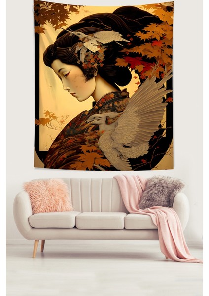 Çinli Kadın Ve Yapraklar Leke Tutmaz Kumaş Duvar Örtüsü Duvar Halısı Tapestry