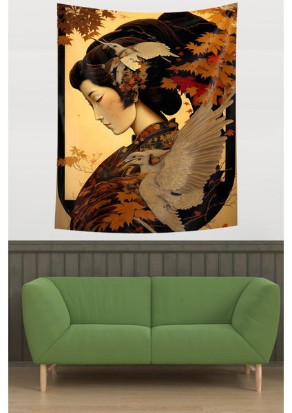 Çinli Kadın Ve Yapraklar Leke Tutmaz Kumaş Duvar Örtüsü Duvar Halısı Tapestry modelleri