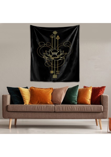 Yıkanabilir Leke Tutmaz Mikropetek Kumaş Lotus Yaşam Çiçeği Siyah Duvar Örtüsü Duvar Halısı Tapestry