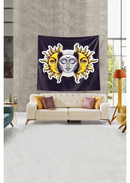 Lacivert Güneşin Içindeki Ay Leke Tutmaz Kadife Kumaş Duvar Örtüsü Duvar Halısı Tapestry