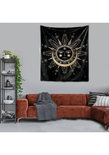 Yıkanabilir Leke Tutmaz Mikropetek Kumaş Güneş ve Ay Siyah Duvar Örtüsü Duvar Halısı Tapestry
